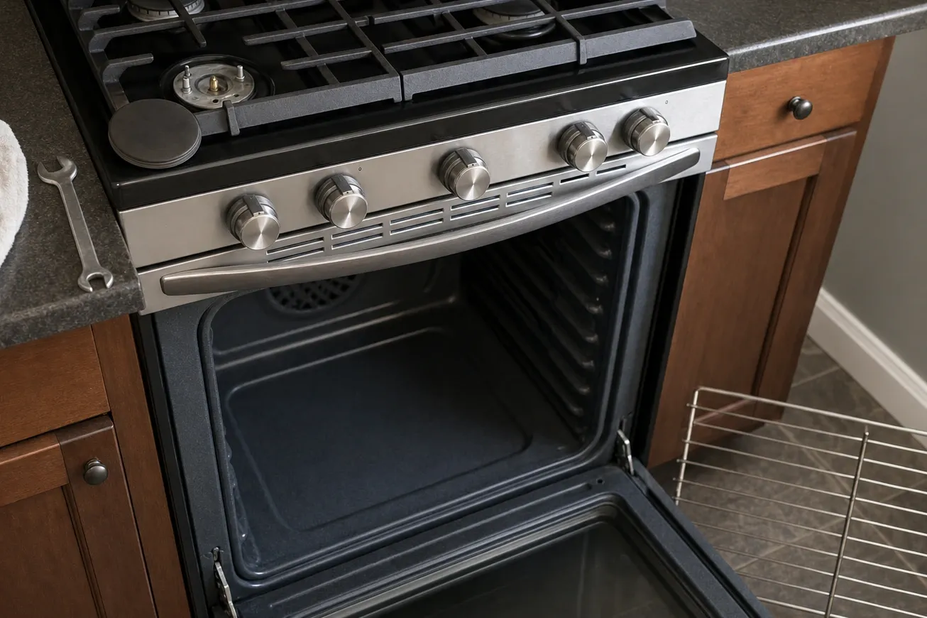 Close view of a gas range control rail with five stainless knobs above a louvred vent, a burner behind with its cap removed, and the oven open onto rack rails and a mesh convection grille