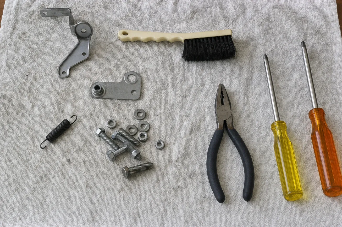 A stamped steel oven-door hinge arm with its roller and pivot, a coil extension spring, bolts, nuts and washers laid out on a towel beside pliers, a bristle brush and two Phillips screwdrivers